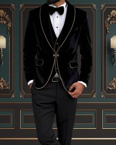 4 Piece Mens Slim Fit Black & Gold Velvet Tuxedo Shawl Lapel | Weddings and special Occasions Tuxedo Superior Quality Package includes  Jacket, Vest, Pants, bowtie, tuxedo shirt. Shipped in large box to preserve the shape  Top quality guaranteed Velvet Lapel Tuxedo, Elegant Tuxedo For Festive Party, Fitted Luxury Tuxedo For Festive Occasions, Luxury Fitted Tuxedo For Festive Occasions, Elegant Formal Tuxedo For Festive Occasions, Tailored Suits For Wedding And Gala, Elegant Festive Tuxedo For Formal Occasions, Festive Luxury Fitted Tuxedo, Elegant Tuxedo For Wedding Gala