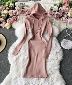 Knit dress stylish long sleeve hoodieFabric: blendedColor: pink, red, khakiSize(cm): free sizelength 88 bust 72-120 sleeve length 59 Dress Stylish, Hoodie Fabric, Cardigan Sweater Dress, Fashion Items, Street Styles, Cute Casual Outfits, Stylish Dresses, Long Sleeve Hoodie, On Back