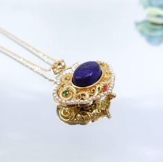 Antique Style Lapis Ruyi Locket Pendant Necklace Elegant Hallmarked Rectangular Pendant Jewelry, Regal Gold Jewelry Gift, Elegant Square Pendant Locket Necklace, Elegant Square Locket Pendant Necklace, Regal Gold Necklace For Gift, Rectangle Face, Pumpkin Necklace, Asian Jewelry, Locket Pendant Necklace