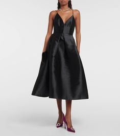 Pleated Silk Faille Midi Dress in Black - Alex Perry | Mytheresa A-line Satin Dress With Lined Bodice, Satin A-line Dress With Lined Bodice, Elegant A-line Tea Length Cocktail Dress, Silk A-line Evening Dress For Gala, Satin A-line Midi Dress For Dinner, Chic A-line Satin Cocktail Dress, Silk A-line Dress With Fitted Bodice, Classic A-line Satin Dress, Satin A-line Dress For Formal Occasions