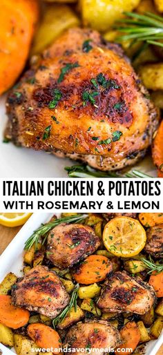 chicken and potatoes with rosemary lemon sauce on a white platter next to oranges