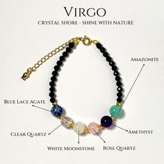 Crystal Shore - Handcrafted Crystal Constellation Bracelet In Virgo Virgo's Crystals And Their Benefits: Blue Lace Agate: Known For Its Calming And Soothing Properties, Blue Lace Agate Helps To Reduce Stress And Anxiety. It Enhances Communication And Promotes Clarity Of Thought, Making It Ideal For Problem-Solving. Clear Quartz: Known As The "Master Healer," Clear Quartz Amplifies Energy And Thought, As Well As The Effect Of Other Crystals. It Absorbs, Stores, Releases, And Regulates Energy, Pro Crystals For Clarity, Wiccan Beliefs, Constellation Bracelet, Metaphysical Healing, Inner Healing, White Moonstone, Spiritual Awareness, Blue Lace Agate, Crystal Bracelet