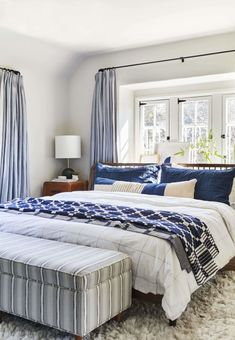 a bedroom with blue and white bedding in it