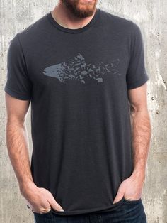 Wild - Men's T-Shirt - Screen Printed Men's American Apparel T-Shirt - Heather Black Short Sleeve Fish Print T-shirt For Fishing, Trout Silhouette, Fishing Gifts For Men, Bird Silhouettes, Fishing Gifts For Dad, Fly Fishing Gifts, Fish Shirt, Black Lantern, Screen Printed Tshirts