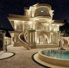 a large house with a pool in the front yard and stairs leading up to it