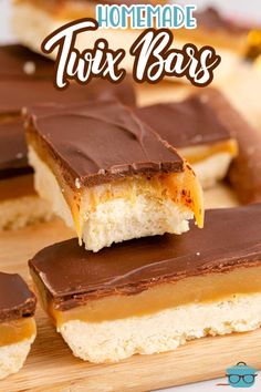 homemade tox bars with chocolate and caramel on top