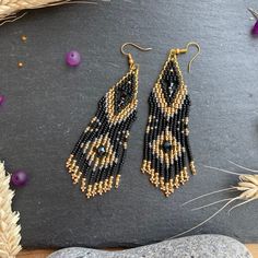 Inspired by the Art Deco style, these earrings are a modern twist on a classical style. Lovely swinging movement in the fringe and loads of sparkle - perfect lightweight jewellery to wear at a party or an evening out! Gift for her, gift for wife, girlfriend, mum, daughter, sister.  Material: Miyuki and Czech seed beads embellished with glass bicones handwoven using durable thread. Technique: double brick stitch, fringing  Ear wire: You can choose between ear hooks, leverback or clip-on fittings. I offer a choice of finishes including sterling silver 925, gold-plated, golden and silver-colour fittings to suit most needs.   Dimensions: The length stated includes the handmade beaded piece and wire guard. For the drop length, add 1.2 - 1.6 cm (ear wire-dependent)  Packaging: Earrings are sent Black And Gold Beaded Earrings, Elegant Black Beaded Earrings With Fringe, Party Black Beaded Fringe Earrings, Black Handwoven Beaded Earrings, Black And Gold Beaded Fringe Earrings, Hair Lotion, Ankle Jewelry, Paper Bow, Light Weight Jewelry