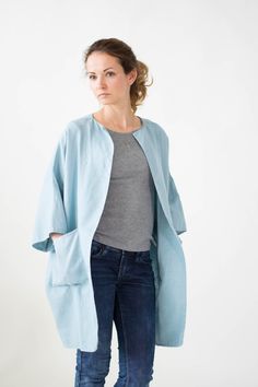 Carefully tailored from 100% natural linen, this floaty jacket with ¾ long sleeves and two pockets will soon become an essential part of your wardrobe. Just wear it with any top, blouse or dress for both a relaxed and stylish look. This listing is for 1 linen jacket. MAIN FEATURES - 3/4 long sleeves, two pockets - simple and practical, fashionable and functional at the same time - multiple sizes available - fits for any occasion and everyday wear - content: 100% eco linen, lightweight - our linen is produced in compliance with Oeko-Tex Standard and is certified COLORS Please see the photo with color samples and choose in options SIZE CHART - US Size chart - see in pictures   WASHING/CARING TIPS - machine wash or hand wash up to 104 F (40 C) degrees, gentle cycle - do not bleach - tumble dr Linen Coats Women, Linen Coat, Long Black Coat, Linen Cardigan, Sky Blue Color, Long Coat Women, Cardigan With Pockets, Jacket With Pockets, Linen Jackets