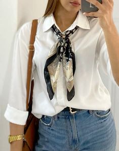 Stylish Scarf Ideas, Shirt With Scarf Outfit, Scarf Outfits Summer, Shirt And Scarf Outfit, Scarf Outfit Summer, Simpul Dasi, Tie A Scarf, Classy Fashion, Stylish Work Outfits