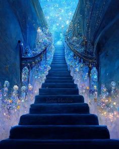 stairs leading up to the sky with stars and bubbles all over them are painted in blue