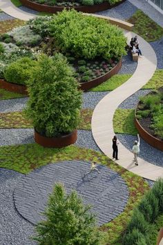 two people walking down a path in a garden