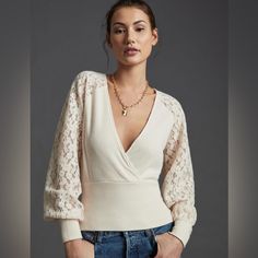 New By Anthropologie Lace-Sleeve Sweater Top Cream Faux Wrap Size Large. New Without Tags / Never Worn . Anthropologie ... Ivory. L Pretty Lace Dresses, Lace Top Dress, Sweater Sleeves, Lace Sleeves, Sweater Sizes, Anthropologie, Sweater Top, Lace Dress, Sweaters For Women