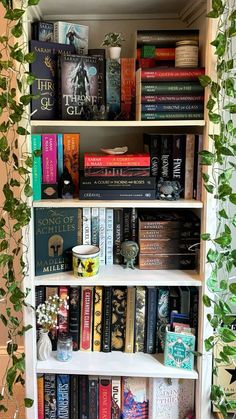 a bookshelf filled with lots of books next to a potted green plant