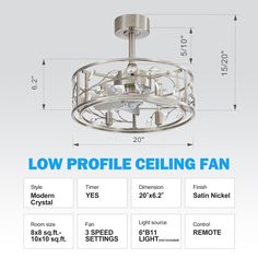 the low profile ceiling fan is shown with measurements for each light fixture and its size