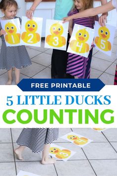 three children holding up five little ducks counting cards with the words free printable 5 little ducks counting