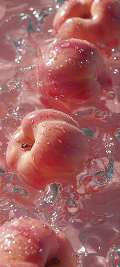 peaches in water with bubbles on them and one pinkish fruit is floating upside down