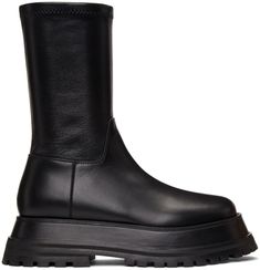 Mid-calf buffed leather boots in black. Round toe. Zip closure at inner side. Tonal rubber platform midsole. Tonal treaded rubber outsole. Approx. 2 platform. Supplier color: Black Modeling Outfits, Burberry Clothing, Burberry Boots, Burberry Outfit, Burberry Black, Cute Boots, Casual Chic Style, Fashion Over 50, Minimalist Outfit