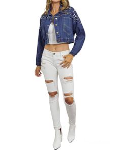 Cropped Denim Jacket with Pearl Oversized. Color: Dark denim. 100% COTTON White Cropped Denim Outerwear, Trendy White Cropped Denim Jacket, Ripped Cropped Denim Outerwear, White Distressed Denim Jacket, Distressed White Denim Outerwear, White Denim Top, Cropped Denim Jacket, Cropped Denim, Dark Denim