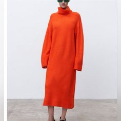 Zara Blogger Fave Orange Oversized Fuzzy Knit Dress Turtleneck Sweater Dress Fuzzy Sweater Dress, Turtleneck Sweater Dress, Fuzzy Sweater, Turtle Neck Dress, Orange Dress, Zara Dresses, Turtleneck Sweater, Knit Dress, Sweater Dress