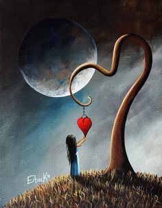 a painting of a person holding a heart on top of a hill with the moon in the background