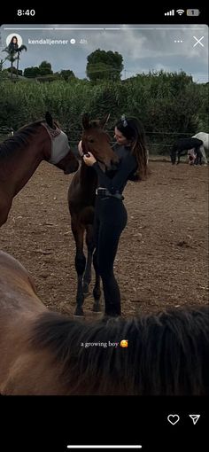 a woman standing next to two horses on top of a dirt field