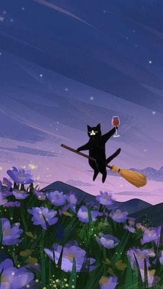 a black cat flying through the air with a broom and wine glass in it's paws