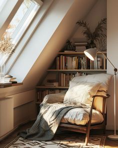 an attic bedroom with a bed, chair and bookshelf