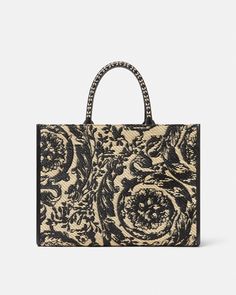 Barocco Athena Raffia Tote Bag Black,Print | VERSACE US Luxury Straw Tote Bag With Rolled Handles, Designer Black Rectangular Straw Bag, Designer Rectangular Straw Bag With Braided Handles, Luxury Rectangular Straw Bag With Rolled Handles, Versace 90s, Raffia Tote Bag, Medium Tote Bag, Versace Bags, Tote Bag Black