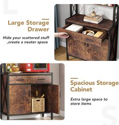 the storage cabinet is made out of wood and has an extra large space to store items