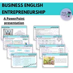 the powerpoint presentation for business english is shown in blue and white, with four different images