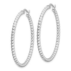 Rhodium over sterling silver beaded hoop earrings with polished finish. Measures approximately 1 11/16"L x 1 3/8"W and have saddleback closures. Silver Beaded Hoop Earrings In Sterling Silver, Silver Sterling Beaded Hoop Earrings, Silver Beaded Sterling Silver Hoop Earrings, Hoop Earrings With Silver Beads, Silver Hoop Beaded Jewelry, Silver Beaded Hoop Jewelry, True Self, Beaded Hoop Earrings, Beaded Hoops