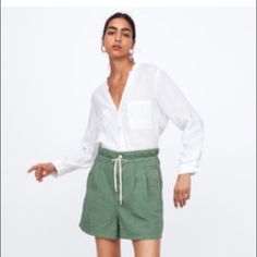 Nwt Zara Cargo Like Shorts Tie Waist Zipper Fly Pockets Never Worn Loose Fit Zara Shorts With Pockets For The Beach, Zara Beach Bottoms With Pockets, Zara Casual Spring Shorts, Casual Zara Shorts For Spring, Zara Casual Shorts For Spring, Baggy Shorts, Zara Shorts, Blouse Designs, Spring Fashion