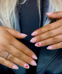 Cute Valentine Nails Short, Short Acrylic Nails Designs Simple Valentines Day, Valentine’s Day Nail Ideas Almond, Nail Idea Valentines, Pink Nails With Love Heart, Valentine’s Day Heart Nails, Valentines Nail Ideas Pink, Simple Almond Nail Designs Classy, After Valentines Nails