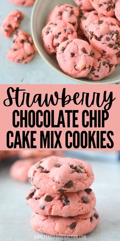 strawberry chocolate chip cake mix cookies are stacked on top of each other in a bowl