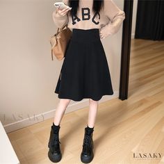 Lasaky - Chic High-Waisted Black Wool Midi Skirt with Flared Hem and Knee-Length Coverage Wool Midi Skirt, Umbrella Skirt, Umbrella Designs, Black Knees, Types Of Skirts, Black Wool, A Line Skirt, A Line Skirts, Classic Style