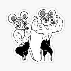 two cartoon mouses standing next to each other with their hands up in the air