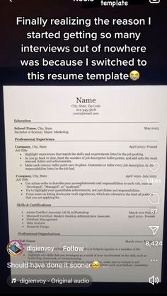 an iphone screen with the text'finally realizing the reason i started getting so many interviews out of nowhere was because i switched to this resume template