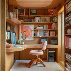 a home office with bookshelves full of books and a chair in the corner