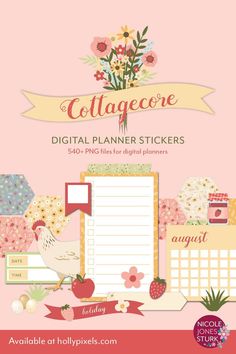 the collageceore digital planner stickers are shown with flowers and hearts on them