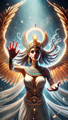 an egyptian goddess with her hands in the air