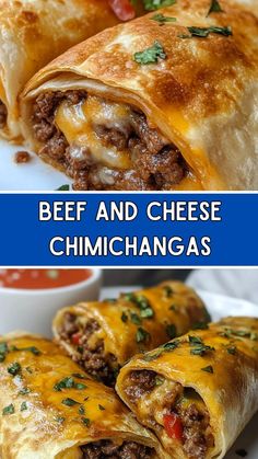 beef and cheese chimichangas on a white plate