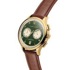 A vintage-style men’s watch for the refined gentleman. The Cicero collection features an elegant green pyramid-patterned dial with Roman numerals around classic leaf hands. Timeless. Supple, easily interchangeable leather straps keep the watch secured to your wrist. No need for special tools when swapping them out – all you need are your fingers. The Fawler brand is proudly engraved on the buckle. A surgical-grade stainless steel case protects the reliable Japanese Seiko chronograph movement, and shatterproof double-curved hesalite glass protects the dial. The large rectangular buttons allow let you operate the chronograph function with gloves on, and the grooved crown is easy to use. At 6 o’clock, a subtle window displays the date of the month, and a 24-hour clock occupies a subdial at 3. Classic Green Watch Accessories With Chronometer, Timeless Yellow Gold Chronograph Watch, Classic Leather Chronograph Watch, Timeless Brown Chronograph Watch, Formal Green Chronograph Analog Watch, Formal Green Analog Chronograph Watch, Formal Green Chronograph Watch, Timeless Green Chronograph Watch With Subdials, Green Chronograph Watch With Subdials For Business