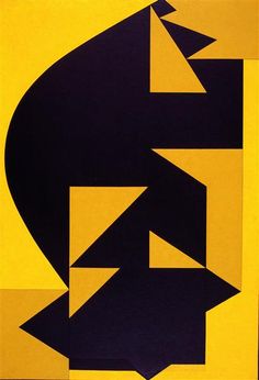 an abstract painting with black, yellow and white shapes in the center on a yellow background