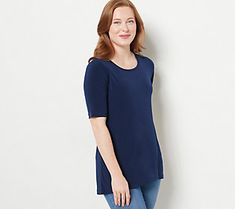 This Liquid Knit® tunic boasts a refined look that's always in style. Match it with a pair of printed pants to balance out the look. From Susan Graver. Susan Graver, Knit Tunic, Elbow Sleeve, Printed Pants, Scoop Neckline, In Style, Tunic Tops, Top Blouse, Tops & Tees