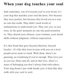 a poem written in black and white that says, when your dog touches your soul