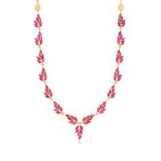 Ross-Simons - 30.00 ct. t.w. Ruby Leaf Necklace in 18kt Gold Over Sterling. 18". Borrowing inspiration from the elegance of nature, this majestic necklace showcases 30.00 ct. t.w. marquise rubies in fanciful leaf motifs set in polished 18kt yellow gold over sterling silver. Note the unique openwork leaf stations that shine from the back of the necklace, as well. Includes a 2" extender. Lobster clasp, ruby leaf necklace. Ruby birthstones are the perfect gift for July birthdays. Fine Jewelry Lab-created Ruby Necklace For Wedding, Celebration Yellow Gold Ruby Necklace, Ruby Necklace For Party, Fine Jewelry, Yellow Gold Ruby Necklaces With Gemstone Accents, Ruby Necklace With Polished Yellow Gold Finish, Necklace Ruby, Ruby Birthstone, July Birthday, Leaf Necklace