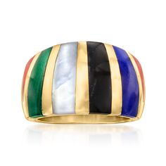 C. 1990 Vintage Asch Grossbardt Multi-Gemstone Inlay Ring Size 6.5. C. 1990. From our Estate collection comes this ring by luxury jewelry designer Asch Grossbardt, known for their striking inlaid designs. This work of art features carved stripes of red coral, lapis, malachite, mother-of-pearl and black onyx gemstones, alternating with gleaming 14kt yellow gold. 1/2" wide. Natural pyrite flecks in lapis will vary. Asch Grossbardt multi-gemstone inlay ring. Exclusive, one-of-a-kind Estate Jewelry. Pearl Birthstone, Antique Jewelry Rings, Pear Shaped Ring, Malachite Stone, Coral Stone, Lapis Lazuli Stone, Red Stone, Jewelry Designer, Multi Stone Ring