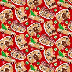 a red background with christmas cookies and other holiday treats on it, including gingerbreads