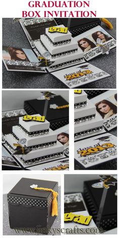 an image of a graduation cake with pictures on it and the words congratulations in yellow