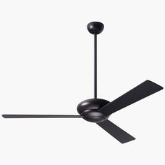 a black ceiling fan with two lights on it's sides and one light on the other